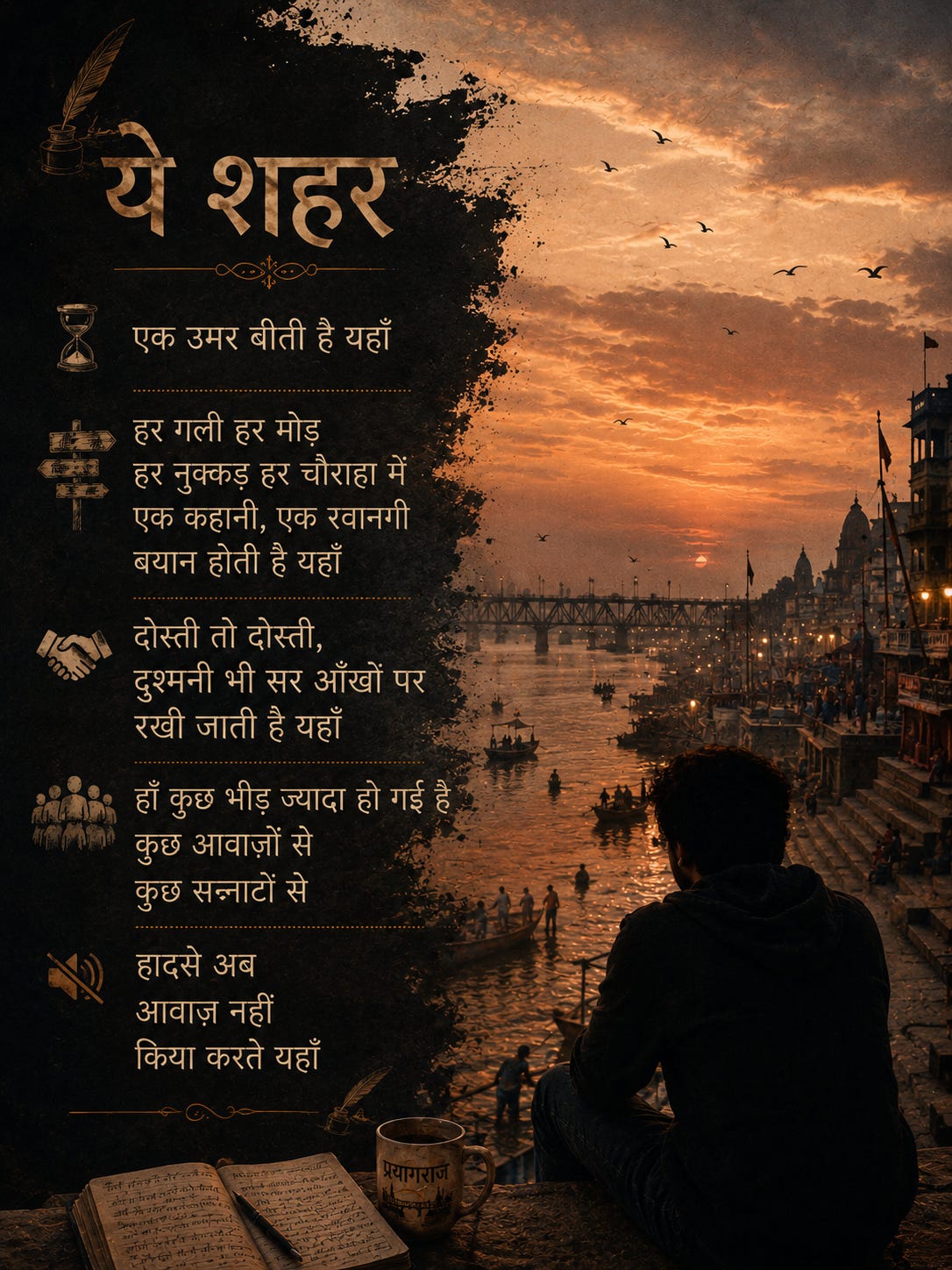 Ye Shehar — a verse for Prayagraj, hand-lettered over a Ganga-ghat sunset.