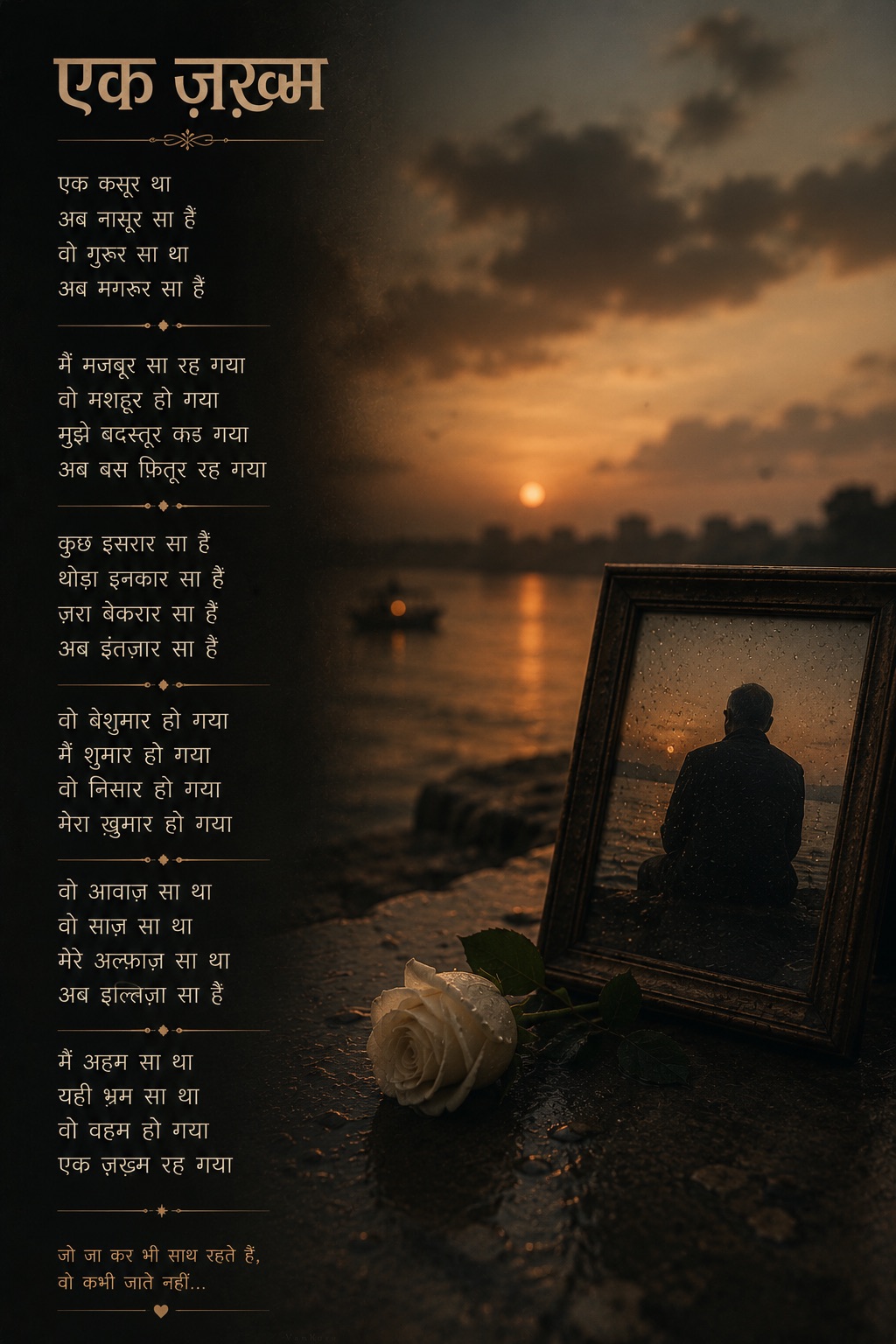 एक ज़ख़्म — a verse beside a framed silhouette and a white rose at a river's edge, sunset.